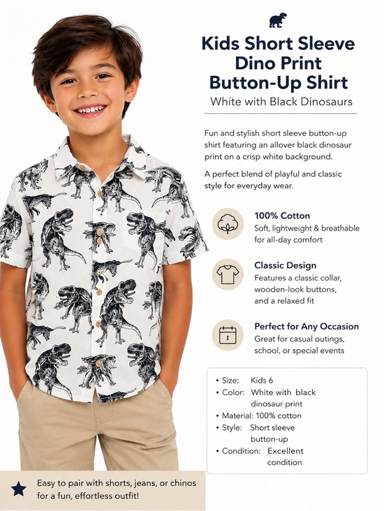 littler rebels Other - Kids Short Sleeve Dino Print Button-Up Shirt - White with Black Dinosaurs